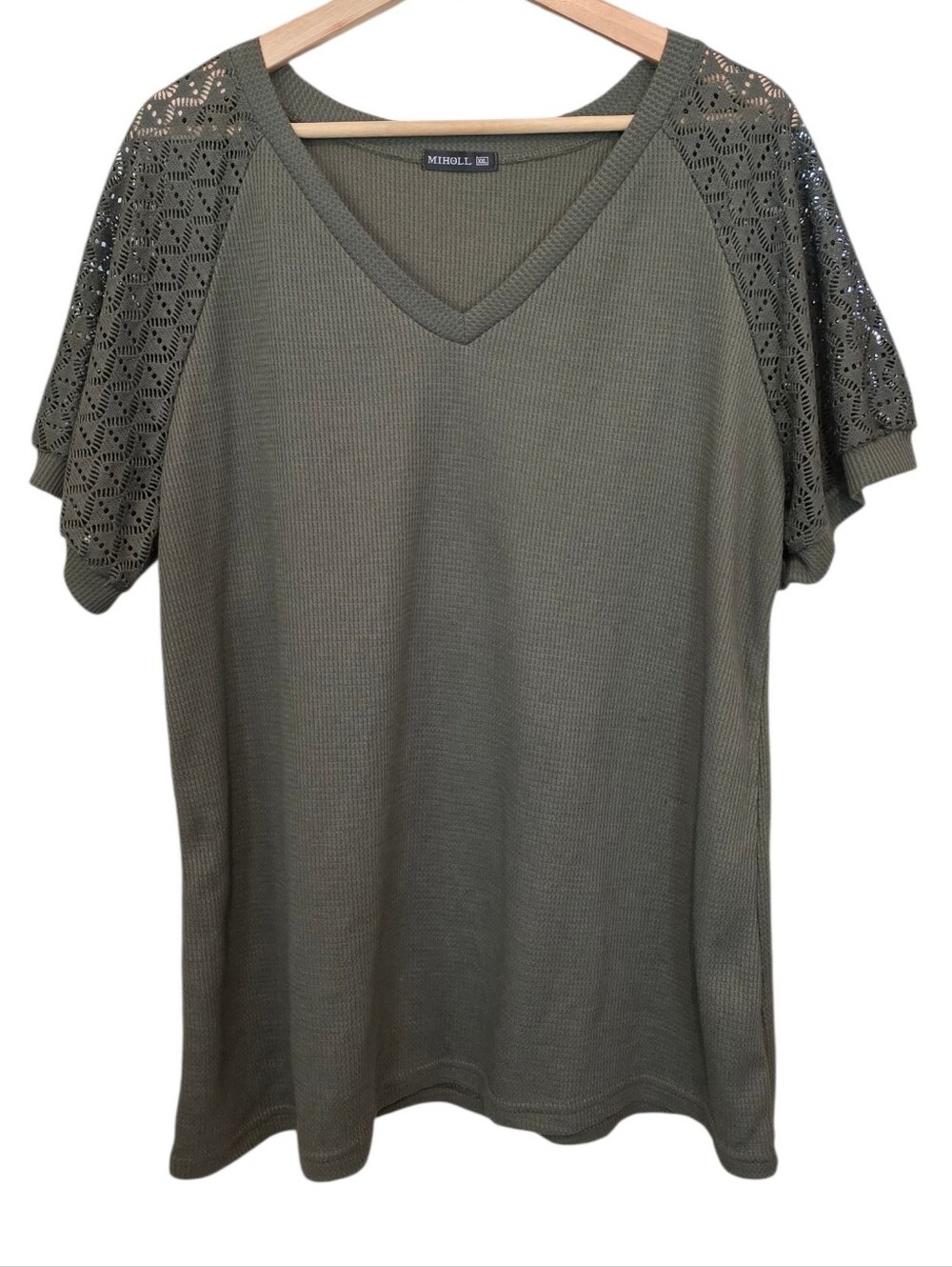 Miholl Green Waffle Weave V-Neck Lace Sleeve Cottagecore T-Shirt EUC Sz XXL